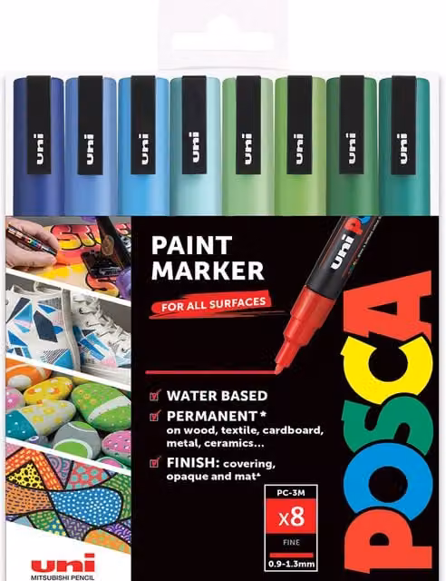 Posca PC-3M Paint Marker Set with Bullet Nib, 8 Pack in Blue, Green and Multicolour
