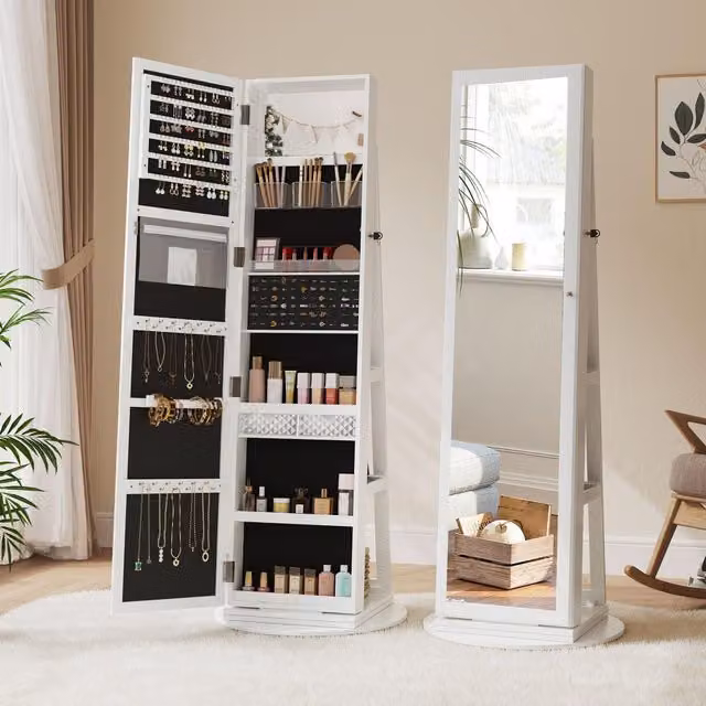 Dprodo 360 Degree Swivel Mirror Jewellery Cabinet in White, H 160 x W 55 x D 55 cm