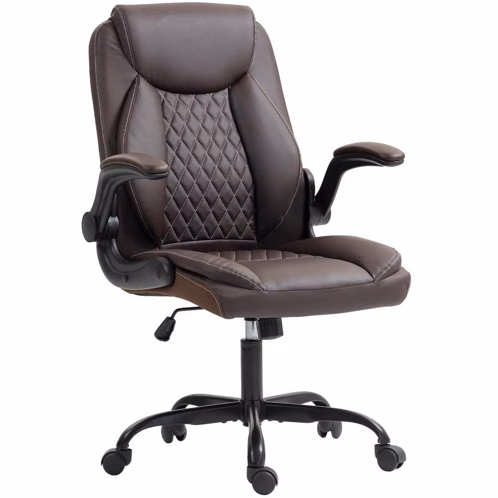 Rolipo Brown Faux Leather Office Chair with Flip-Up Armrests and Castors – 2