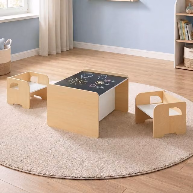 Costway Minimalist Wooden Toddler Table and 2 Chairs Set in Brown and Beige