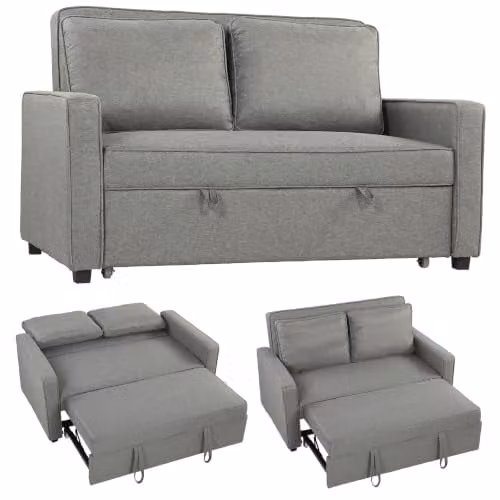 HOMCOM 2 Seater Click Clack Sofa Bed in Grey with 2 Pillows, Fabric Upholstered Convertible Sleeper with Solid Wood Frame, W/D/H: 148 x 86 x 91.5 cm