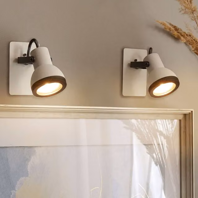 Wyld and Coco Set of 2 Industrial Metal Wall Lamps in White and Black with Adjustable Swing Arm and Cone Shade