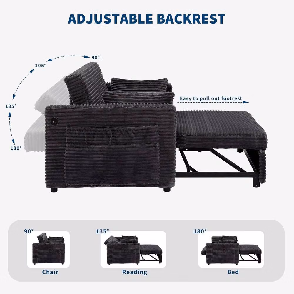 London Boutique 2-Seater Corduroy Pull-Out Sofa Bed with USB Ports and Scatter Cushions, Grey, W/D/H: 140 x 190 x 90 cm – 5