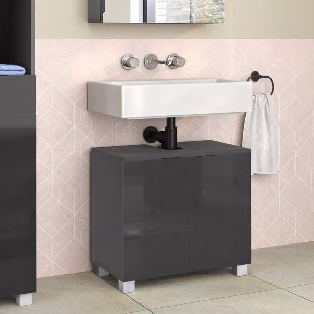 Well Time Atlas Grey Glossy Freestanding Bathroom Sink Cabinet with 2 Hinged Doors