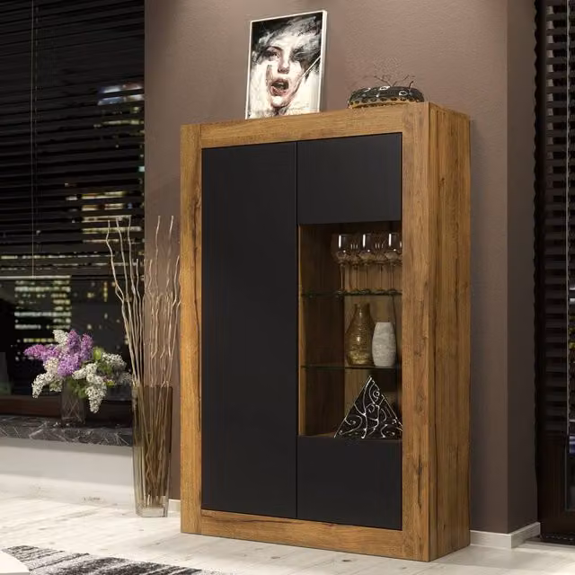 Mex Furniture LTD Arcadia Display Cabinet in Dark Oak with Matt Black Doors and Glass Shelves, Width: 140 cm