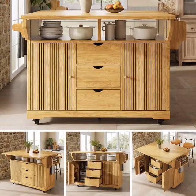 BTM Folding Kitchen Trolley Rolling Serving Cart in Natural Brown Wood