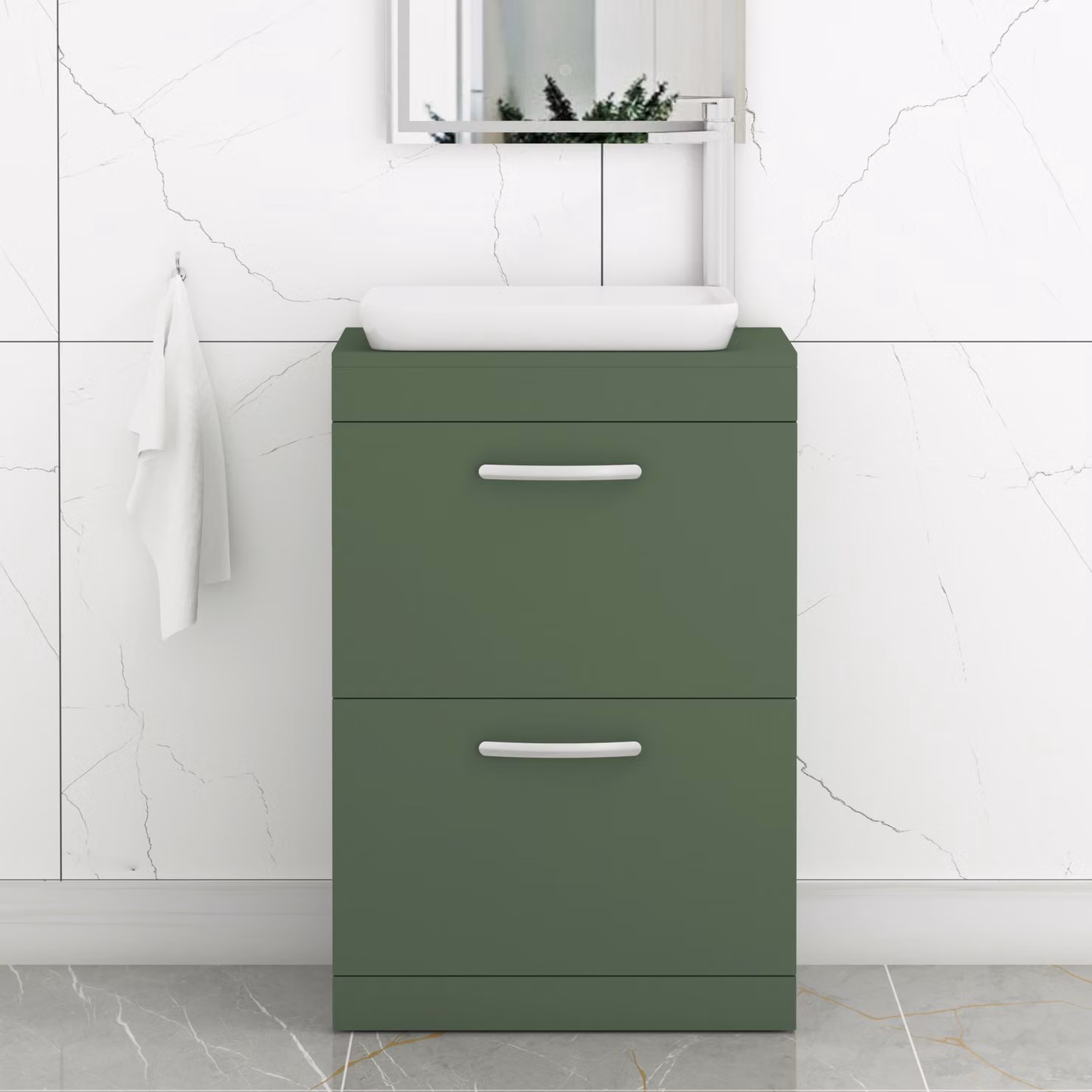 Royal Bathrooms Turin 600mm Floor Standing 2 Drawer Vanity Unit in Matt Green with Countertop Basin and Brushed Brass Handle