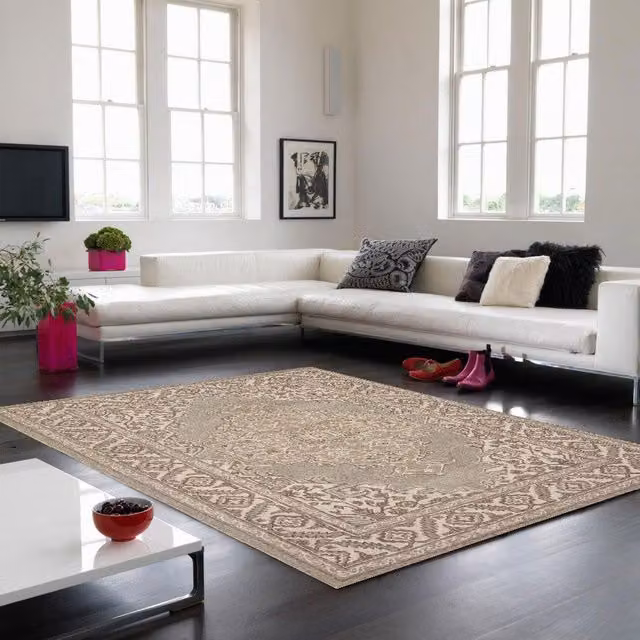 The Rug Shop UK Natural Handmade Floral Wool Area Rug in Sand and Beige, W: 200 cm, D: 290 cm