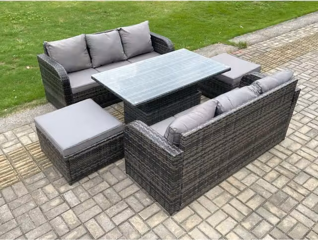 Fimous Grey Rattan Garden Dining Set with Height Adjustable Glass Top Table, 8-Seat Sofa and 2 Footstools