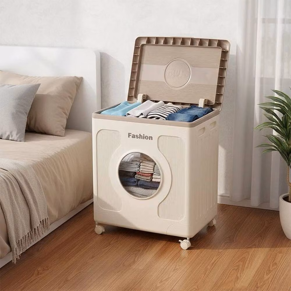 PAWNORA 160L Foldable Large Plastic Storage Box with Lid and Wheels in Beige – 4