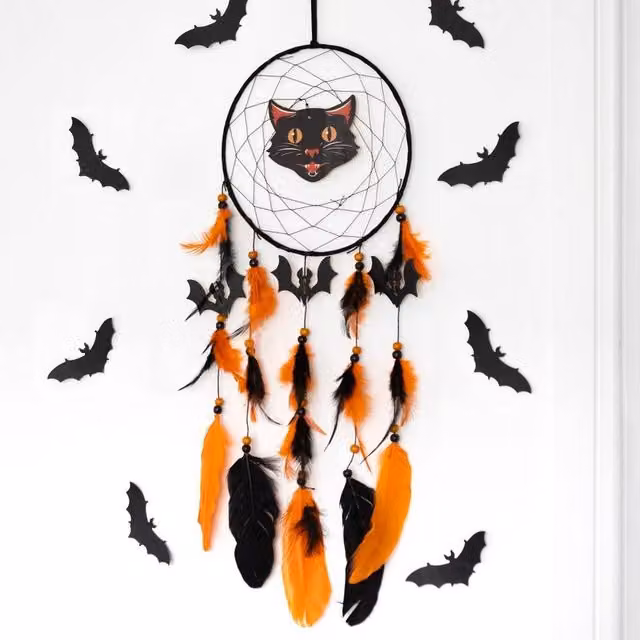 Uniqueful Black Cat Halloween Dreamcatcher in Black, Orange and Multicolour, Diameter: 15 cm