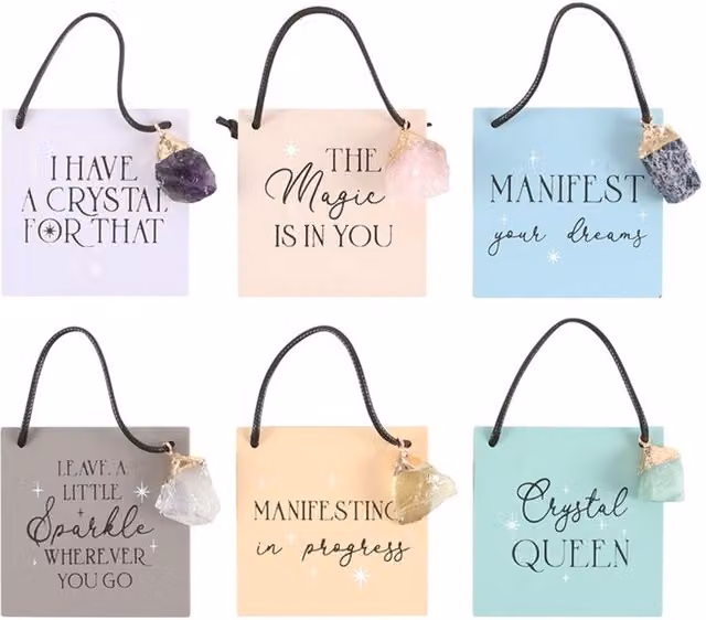 KDMK Set of 12 Modern Magic Crystal Affirmation Hanging Signs in Multicolour and Yellow