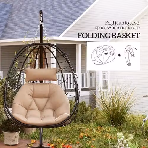 Outsunny Folding Hanging Egg Chair for Outdoor and Indoor Use in Brown or Beige – 5