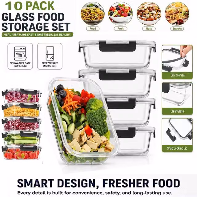 ATEK 10 Pack Airtight and Leakproof Glass Food Prep and Storage Containers with Lids, Clear