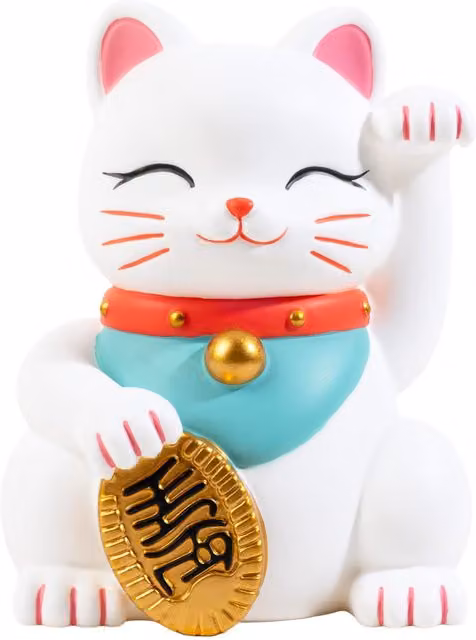 Fizz Creations Maneki Neko Lucky Cat Mood Light in White and Gold/Brass, Battery Powered Warm White Night Light