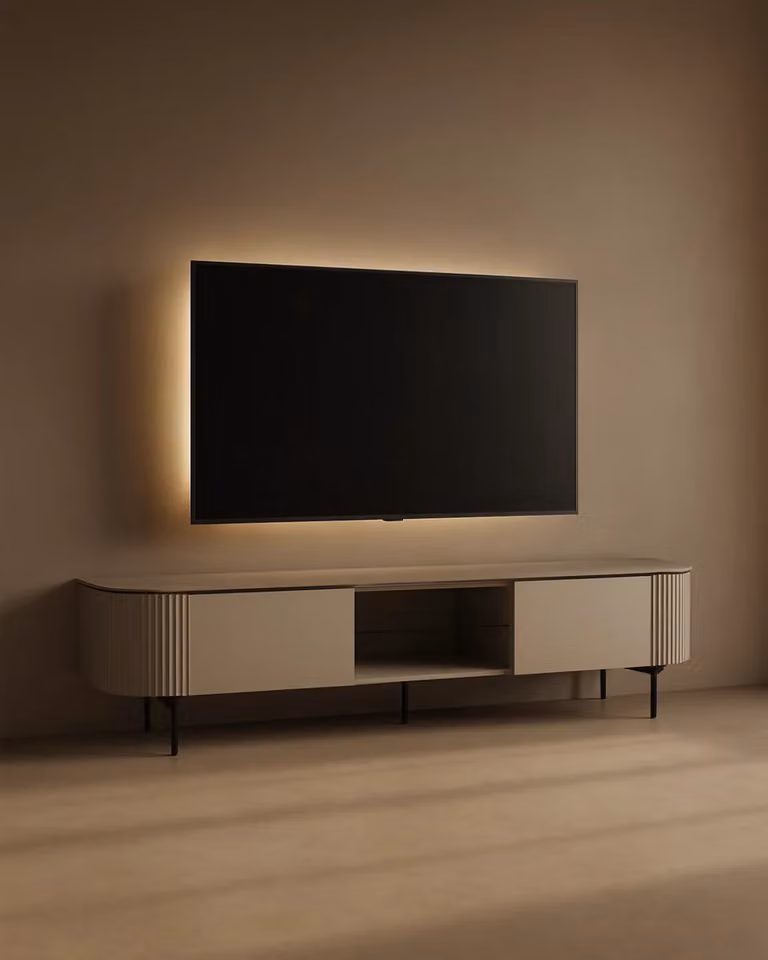 Tommy Franks Lantine Modern TV Unit in Beige and Black with Glass and Metal Details, W/D/H: 200 x 42 x 52 cm