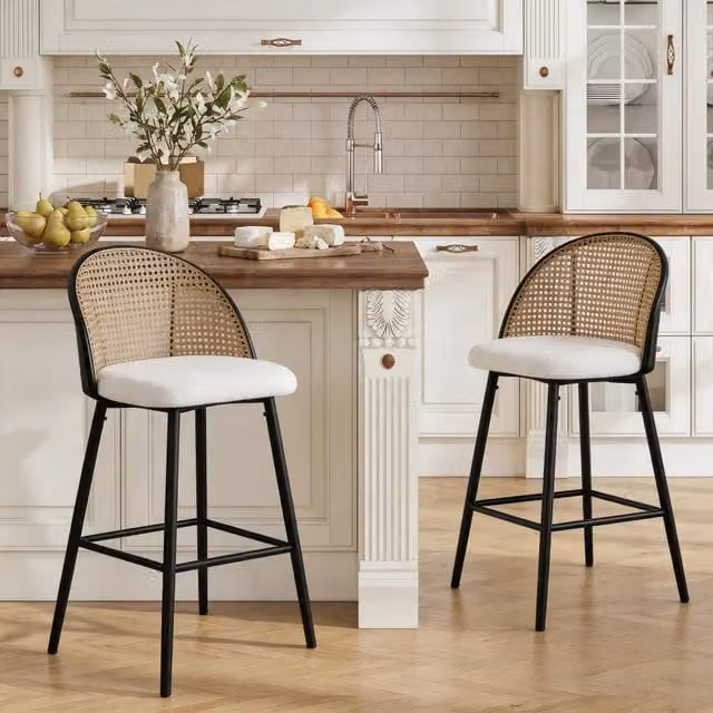 Furniture One Modern Padded Bar Stools with Rattan Back in White