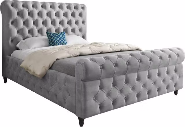 KDMD Nestling Sleigh Upholstered Soft Velvet Designer Bed Frame in Grey, Small Single