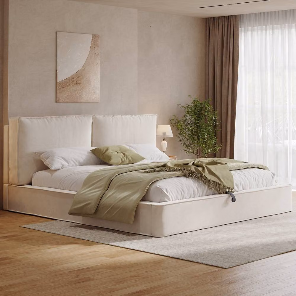 ModernLuxe Upholstered Ottoman Bed with Padded Headboard in Beige, W/D/H: 180 x 200 cm – 2
