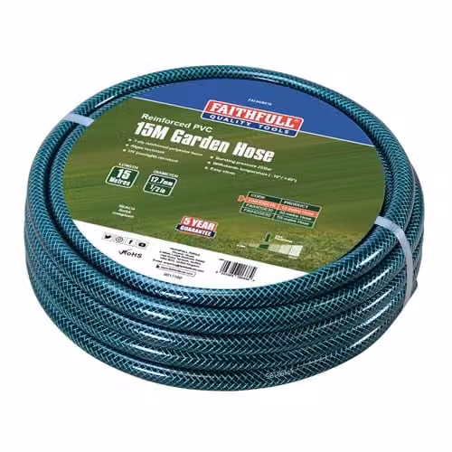 Faithfull Green Reinforced PVC and Polyester Garden Hose, 15m, 1/2 Inch Diameter