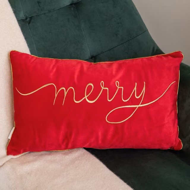 Samuel Alexander Red Merry Christmas Rectangular Cushion with Gold Lettering and Trim, Width: 49 cm – 1