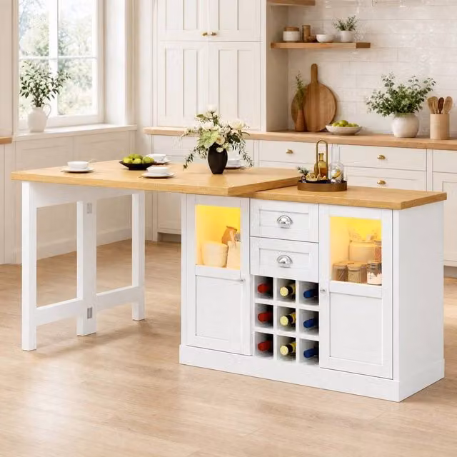 STILVORA Extendable Rectangular Dining Table with Storage and LED Lights in White