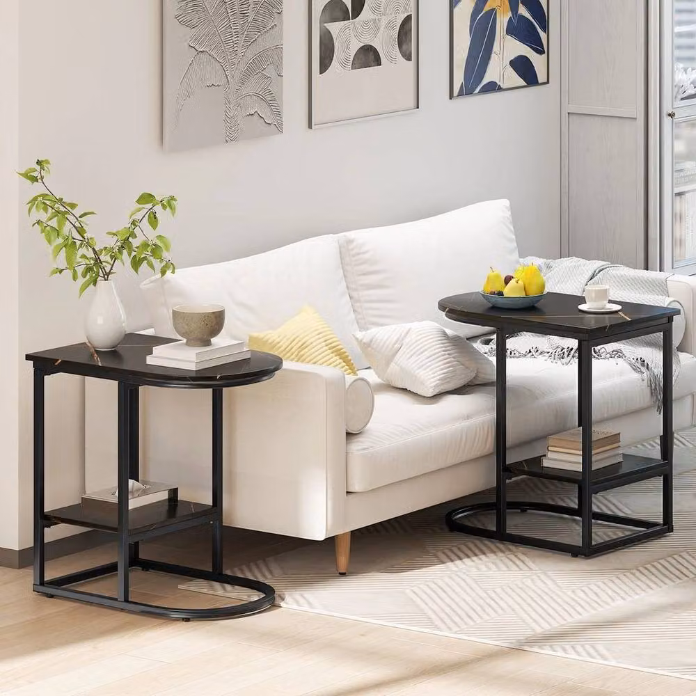 Kelvenix Modern C-shaped End Table with Marble Top in Black – 4