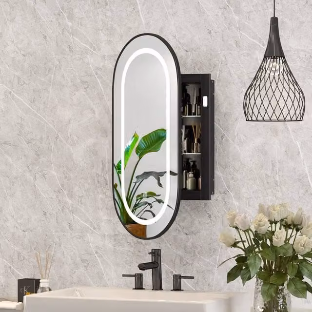 KEEPREAPER Black Oval LED Mirrored Bathroom Cabinet with 2 Glass Shelves, W: 42 cm, H: 80 cm – 1