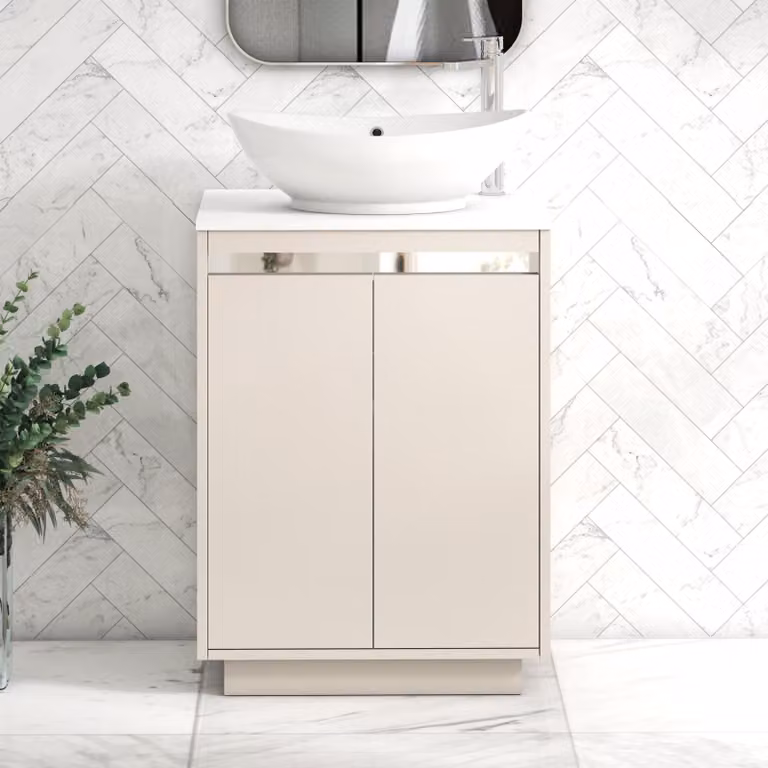 Royal Bathrooms Orion 600mm Warm Taupe Floor Standing 2 Door Vanity Unit with Amaze Basin and Chrome Accent Trim