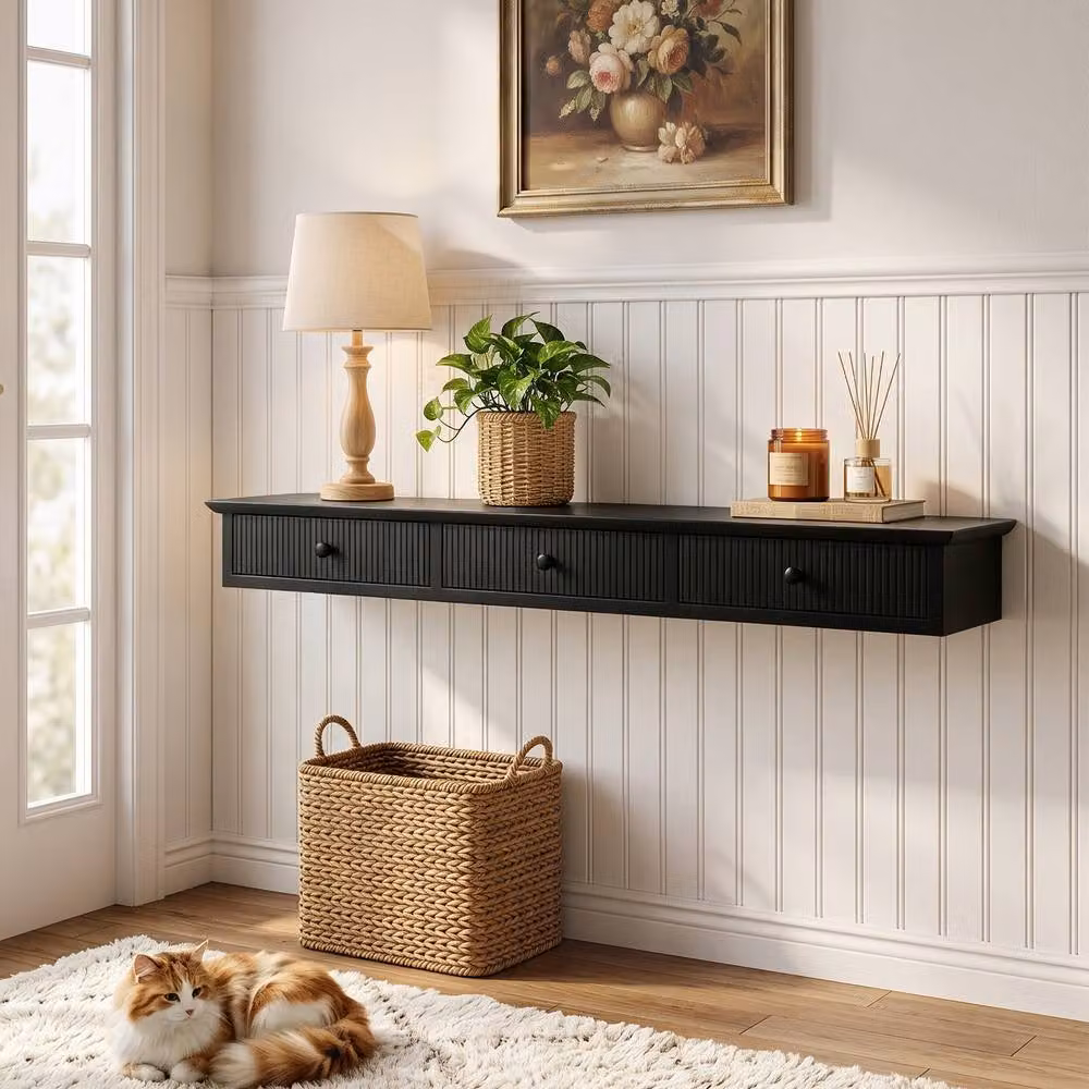 HOMCOM Modern Wall-Mounted Shelf, Black, W: 93 cm, D: 15 cm, H: 10 cm – 2