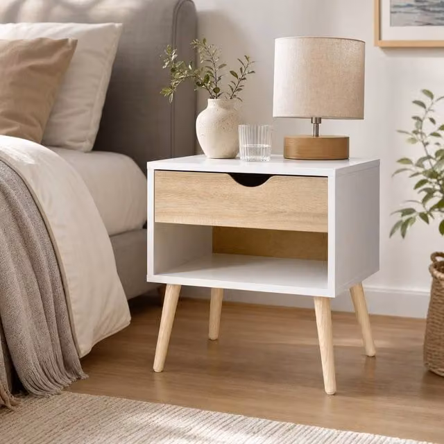 STILVORA Bedside Table with Drawer and Shelf in White