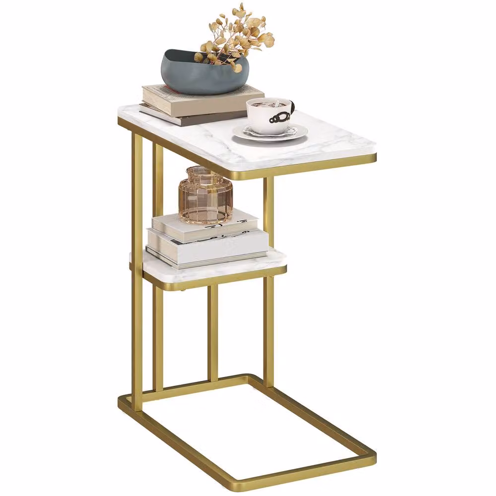 STILVORA 2-Tier Side Table with White Marble Effect and Gold Accents – 3
