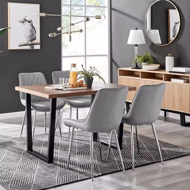 FurnitureboxUK Kylo Brown Wood Effect Dining Table and 4 Pesaro Grey Chairs with Silver Legs