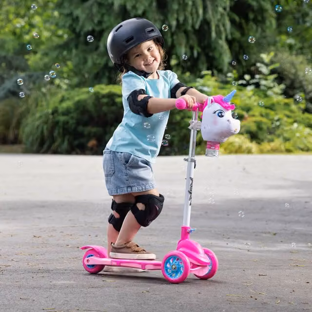 Xootz Bubble Go Unicorn Kids Scooter with Bubble Machine, Pink and White, Foldable Metal Design