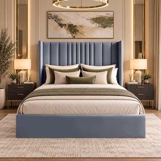 Desire Deco Adeline Plush Velvet Wingback Ottoman Storage Bed Frame in Grey, Double Size (140 x 200 cm)