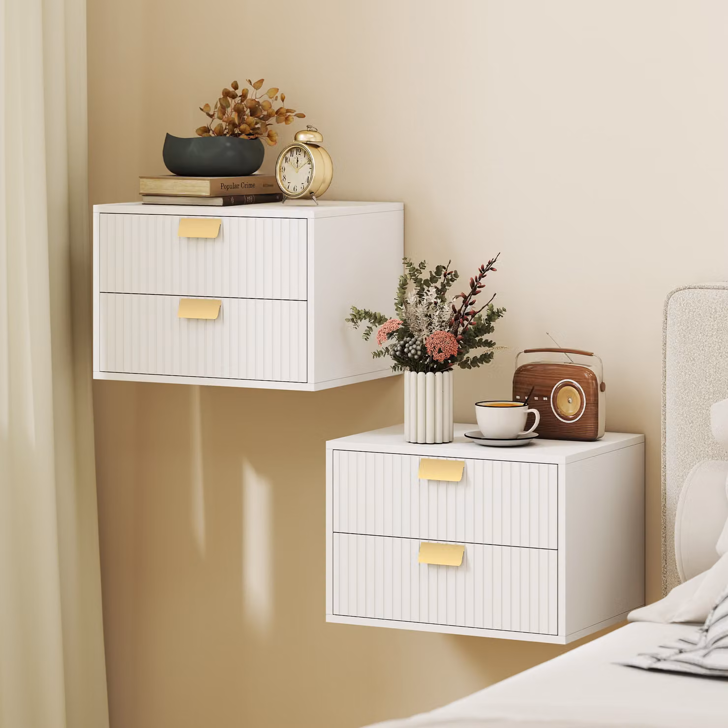 HOMCOM Set of 2 Modern White Wall Mounted Floating Nightstands with 2 Drawers – 2