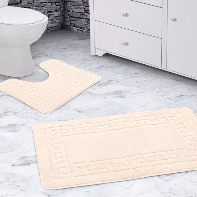 Velosso Greek Key Non-Slip Bath Mat and WC Pedestal Mat Set in Beige