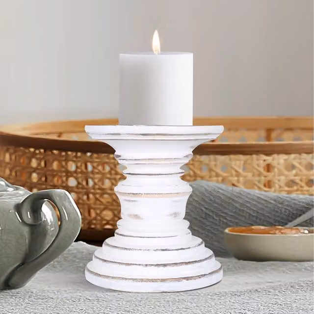 Topfurnishing Rustic Antique Carved Wooden Pillar Candle Holder, White, Height: 10 cm