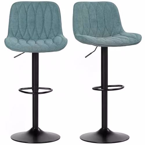 HOMCOM Set of 2 Blue Fabric Bar Stools with Backrest and Footrest, Height Adjustable and 360 Degree Swivel – 1