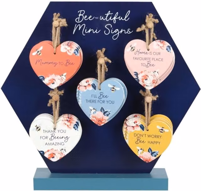KDMK Set of 20 Pink and Multicolour Wooden Mini Heart Signs with Bee and Floral Designs for Tabletop Display