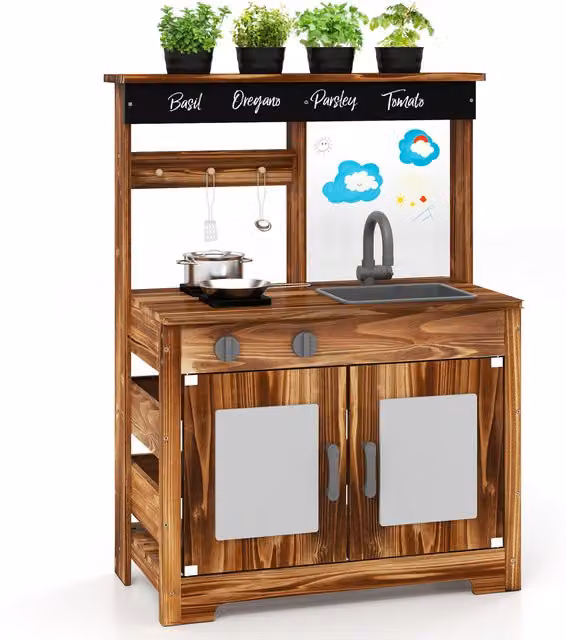 COSTWAY Kids Mud Kitchen Play Kitchen in Brown Wood