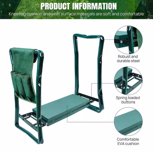 VOGREX 2-in-1 Folding Garden Kneeler Seat Stool with Tool Bag, Green