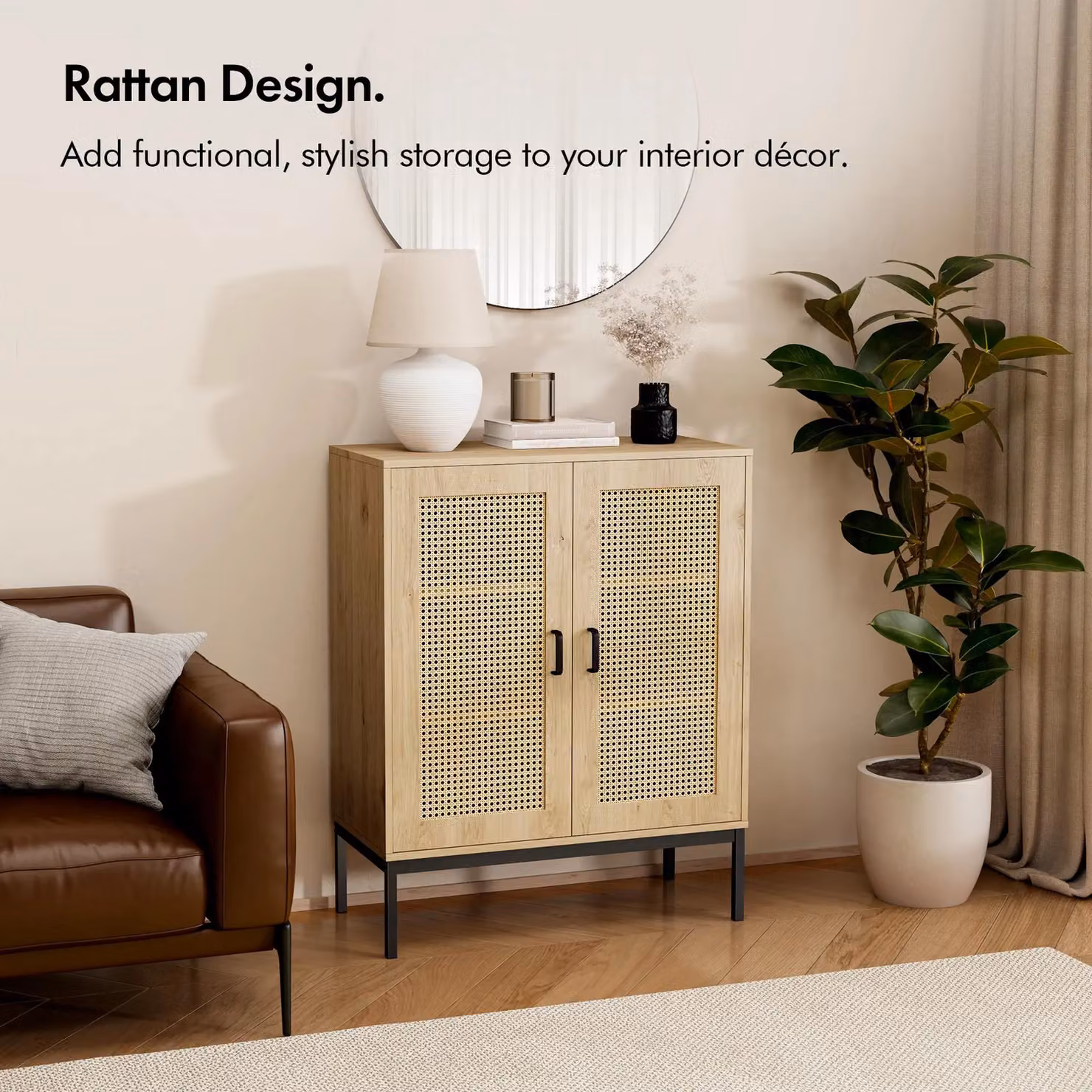 VonHaus Lena Rattan Effect Tall Living Room Storage Sideboard in Brown – 2