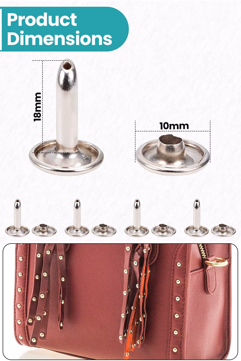 Neel Blue Silver Double Cap Rivets, Extra Long Tubular Brass Studs, 50 Pieces, W: 10 mm, H: 18 mm – 2