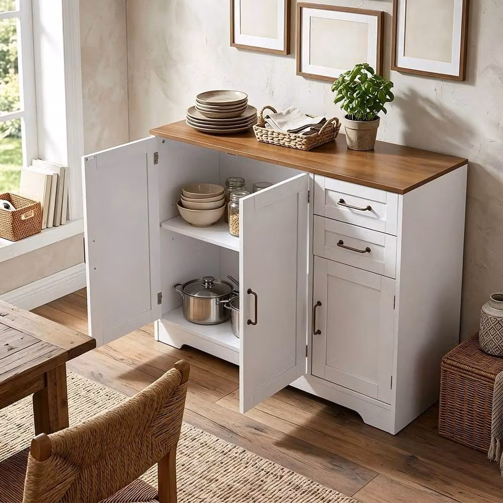 KORVIXA White Buffet Sideboard Cabinet with 3 Doors and 2 Drawers, W/D/H: 100 x 100 x 100 cm – 2