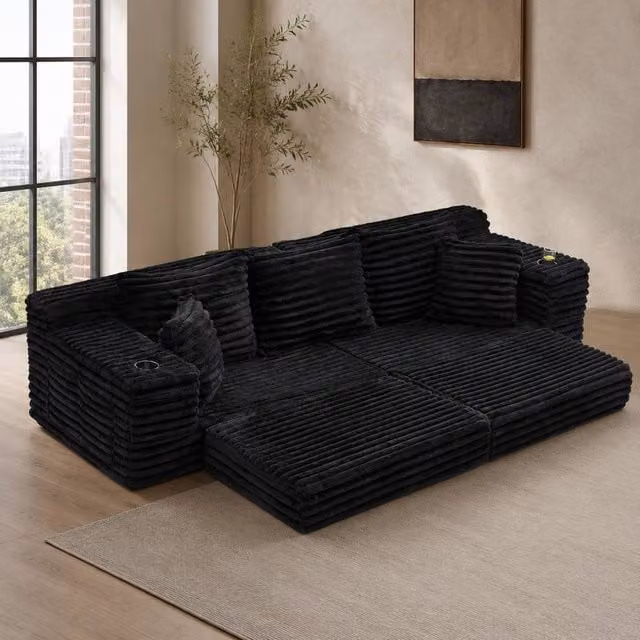 STILVORA Black Corduroy Sofa Bed with Sleeper Function, Cup Holders and Scatter Cushions, W: 273 cm, D: 87 cm, H: 98 cm – 1
