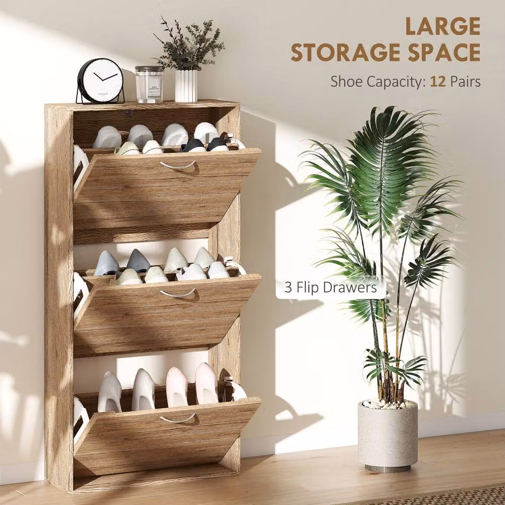 HOMCOM Slim Shoe Storage Cabinet with 3 Tilting Compartments in Light Oak Wood Grain – 3