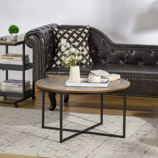 HOMCOM Industrial Round Coffee Table in Brown