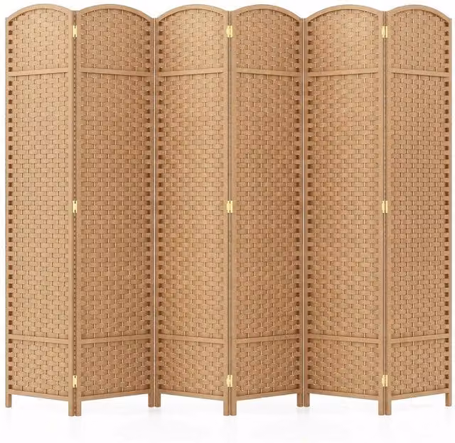 Hinsinc 6-Panel Folding Privacy Room Divider in Natural Wood and Rattan, Sand/Brown, H: 170.67 cm, W: 50 cm, D: 50 cm