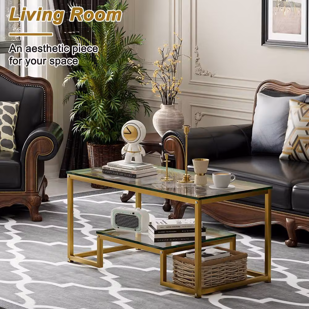 Huhote Rectangular 2-Tier Coffee Table with Gold Metal Frame and Glass Top, W/D/H: 100 x 48 x 45 cm – 5